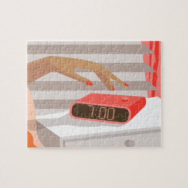 Puzzle Mujeres presionando con la mano el botón de snooze (Horizontal)