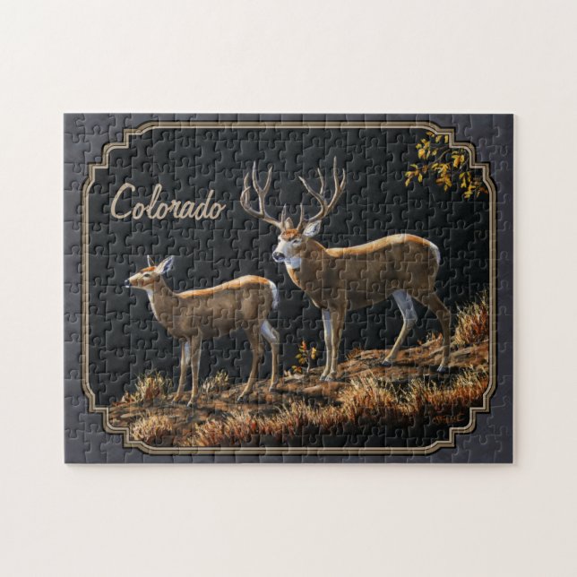 Puzzle Mule Deer Buck and Doe Gray Custom (Horizontal)
