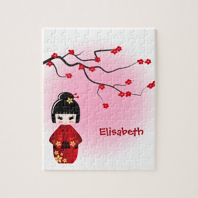 Puzzle Muñeca japonesa del kokeshi en los flores de (Vertical)