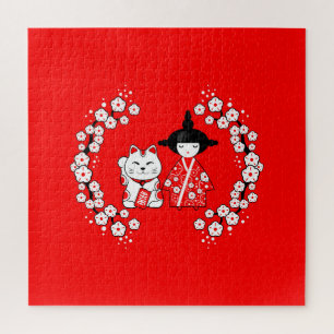 Puzzle Muñeca japonesa - Gato Kokeshi y Maneki Neko