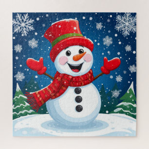 Puzzle Muñeco de nieve alegre con bufanda y sombrero rojo