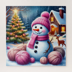 Puzzle Muñeco de nieve alegre junto al árbol de Navidad e