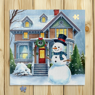 Puzzle Muñeco de nieve caprichoso y lindo en el jardín de