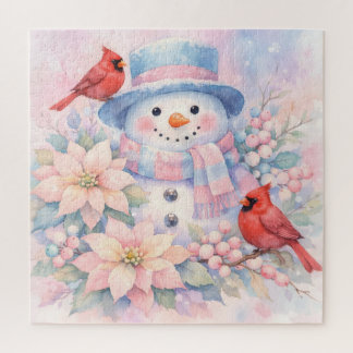 Puzzle Muñeco de nieve de acuarela pastel, poinsettia y c