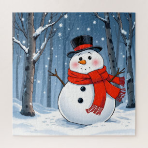 Puzzle Muñeco de nieve en un bosque frío con bufanda roja
