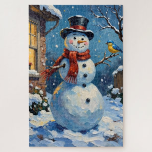 Puzzle Muñeco de nieve feliz nostálgico con escena invern