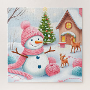 Puzzle Muñeco de nieve festivo con ciervos en un país de