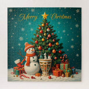 Puzzle Muñeco de nieve festivo y árbol de Navidad con reg