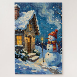 Puzzle Muñeco de nieve vintage junto a una cabaña navideñ