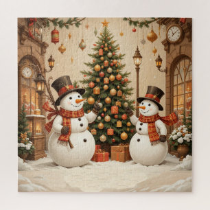 Puzzle Muñecos de nieve festivos retro y árbol de Navidad