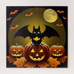 Puzzle Murciélago de dibujos animados y calabazas bajo lu