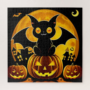 Puzzle Murciélago de dibujos animados y calabazas bajo lu