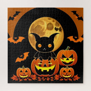 Puzzle Murciélago de dibujos animados y calabazas bajo lu