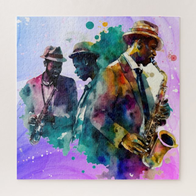 Puzzle Música de la banda de jazz Watercolor Saxofón (Vertical)