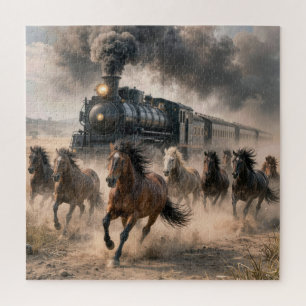 Puzzle Mustangs Salvajes Corriendo Junto a un Tren Antigu