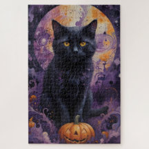 Mystic Black Cat Halloween Pumpkins Moonlight