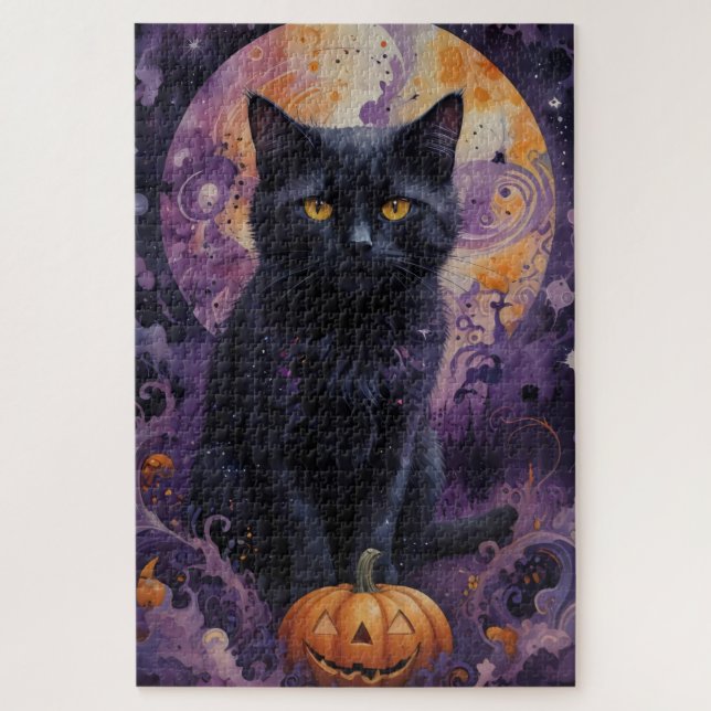 Puzzle Mystic Black Cat Halloween Pumpkins Moonlight (Vertical)