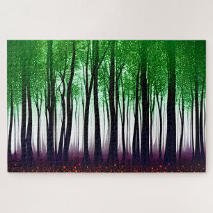 Puzzle Mystical Black Silhouette Forest con hojas verdes