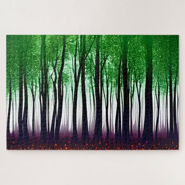 Puzzle Mystical Black Silhouette Forest con hojas verdes (Horizontal)