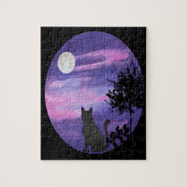 Puzzle Mystical Cat Under Moon – Dreamy Purple Night Wate