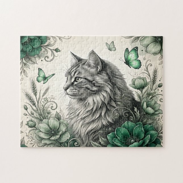 Puzzle Mystical Cat With Flowers (Horizontal)