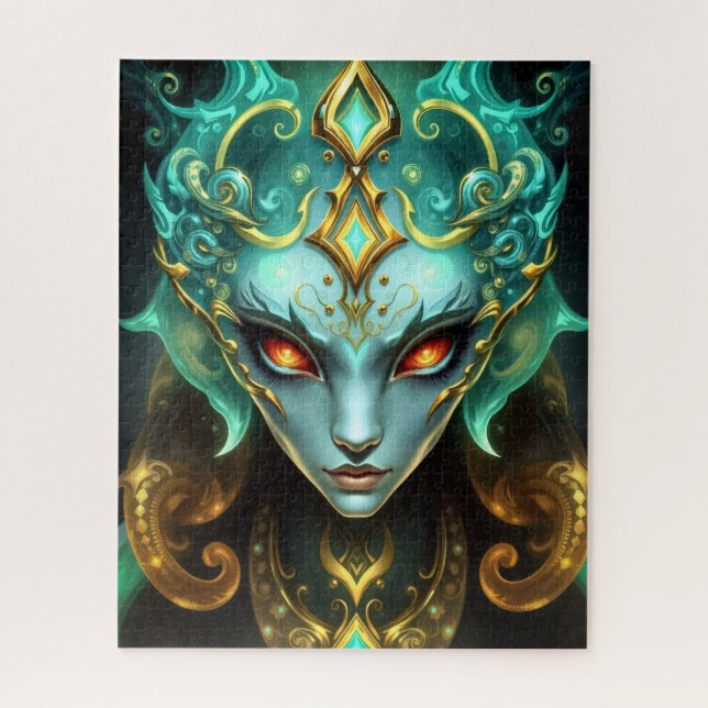 Puzzle Mystical Emerald Goddess with Glowing Ember Eyes (Vertical)