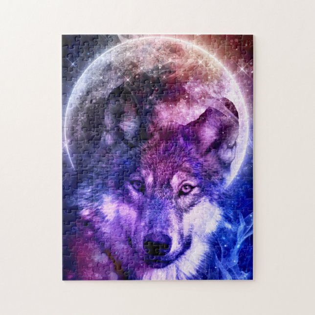 Puzzle Mystical Galaxy Wolf Face con la luna llena (Vertical)
