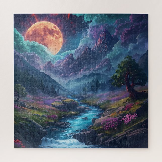 Puzzle Mystical Moonlit Mountain Valley - Fantasy River L (Vertical)