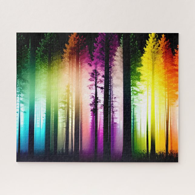 Puzzle Mystical Rainbow Colored Silhouette Black Trees (Horizontal)