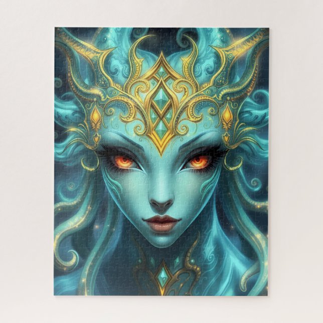 Puzzle Mystical Teal Goddess with Radiant Ember Eyes (Vertical)