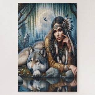 Puzzle Mystical Una Nativa Estadounidense Con Lobos