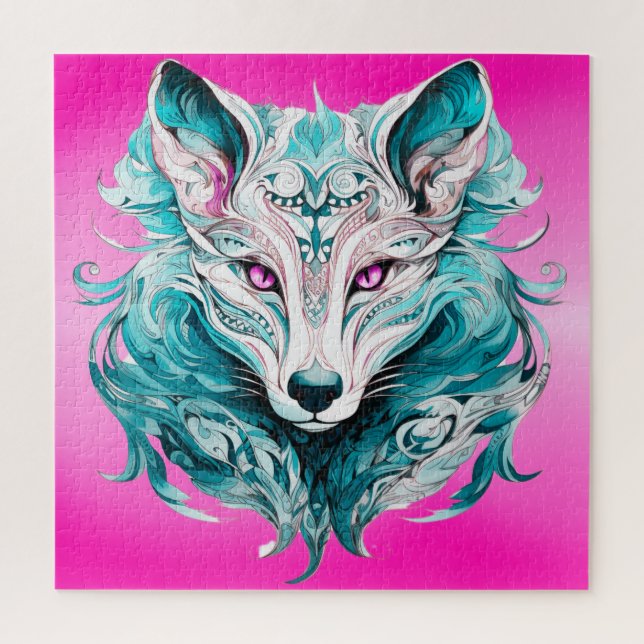 Puzzle Mystical Wolf | Elegante Turquesa y Lobo Rosa (Vertical)