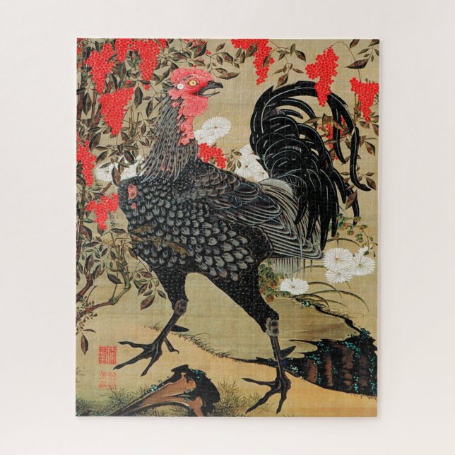 Puzzle Nandina y el Ilustracion de Rooster de Ito Jakuchu (Vertical)