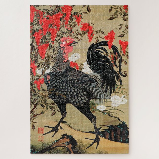 Puzzle Nandina y el Ilustracion de Rooster de Ito Jakuchu (Vertical)