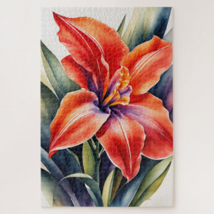 Puzzle Naranja de color de agua pintada Lily Flower