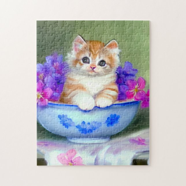 Puzzle Naranja de época y Ilustracion de gatito blanco (Vertical)