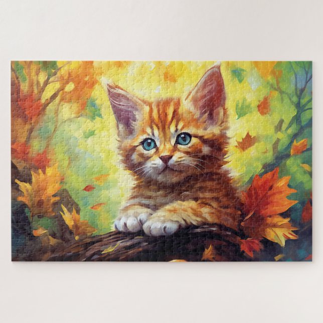 Puzzle Naranja del gato del tigre lindo El otoño deja acu (Horizontal)