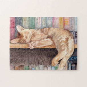 Puzzle Naranja durmiendo Tabby Cat en una biblioteca
