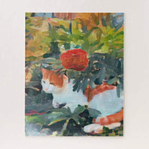 Puzzle Naranja/gato blanco bajo un arbusto florido