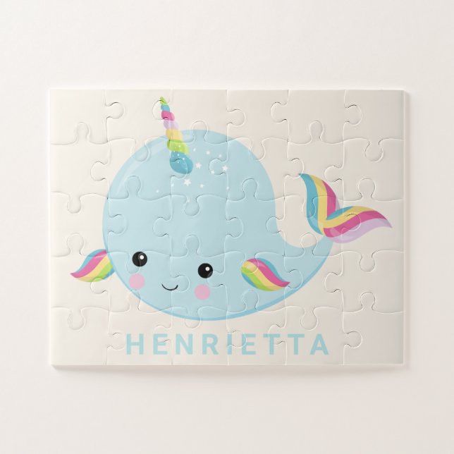 Puzzle Narral arcoiris Kawaii Patrón Pastel Nombre Azul (Horizontal)