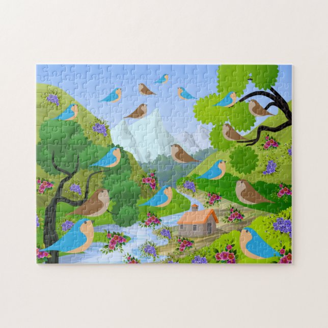 Puzzle Naturaleza Árboles Aves Flores Río House, Edad 8 (Horizontal)