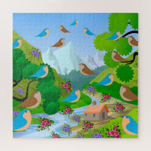 Puzzle Naturaleza Árboles Pájaros Flores Río Casa, Edad 1