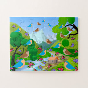Puzzle Naturaleza Árboles Pájaros Flores Río Casa, Edad 4