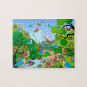 Puzzle Naturaleza Árboles Pájaros Flores Río Casa, Edad 6