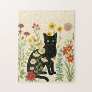Puzzle Naturaleza botánica: gato negro en jardín de flore