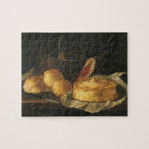 Puzzle Naturaleza muerta barroca vintage con pan, tarta, 