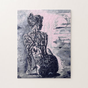 Puzzle Nature Lady - Black & White Watercolor Painting