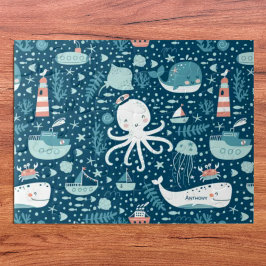 Puzzle Nautical Ocean Pattern Boy, de la Marina, azul y b
