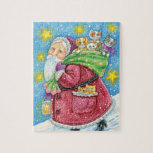 Puzzle Navidad adorable, Santa Claus con gatitos y gatos!