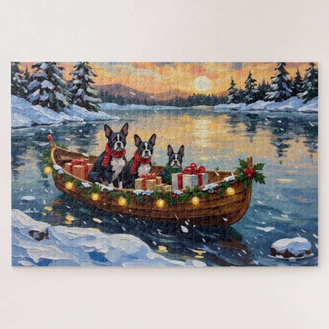 Puzzle Navidad con barco de Boston Terrier (Horizontal)